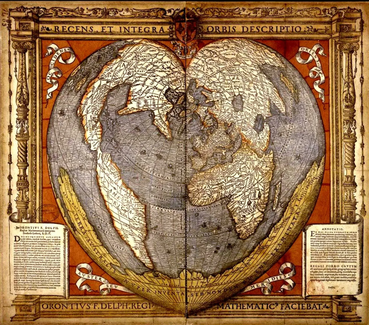Карта мира Оронсе Фине в сердцевидной проекции, 1519 г.